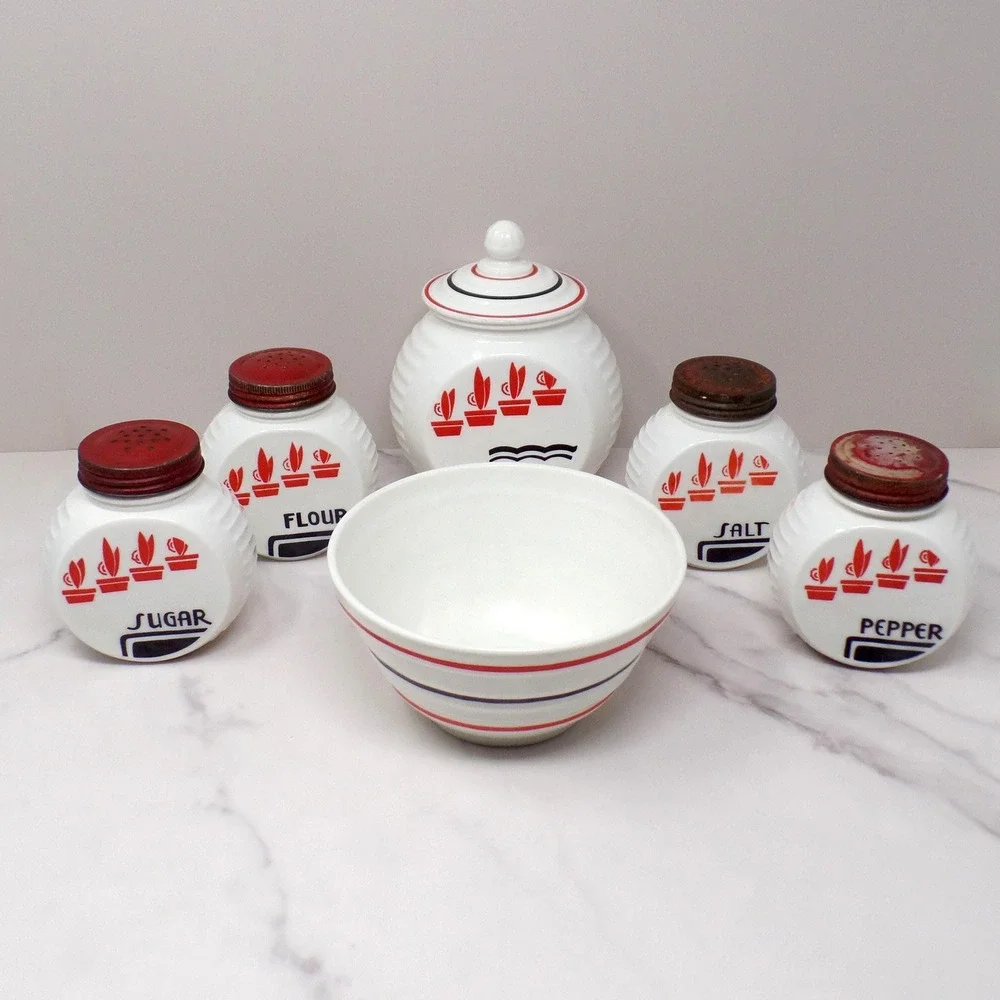 Vintage Fire-King Vitrock 8 Piece Range / Hoosier Set with Bowl (1940s)